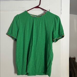 Boden Green Short Sleeve Top with Colorful Pom-Pom Trim